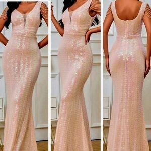 Pink, Sleeveless,  Backless,  V Neck, Beaded,  Contrast Sequined and Mes…